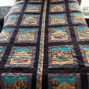 1980’s Queen Sz handmade&tied Aztec quilt rustic colorful reversible s western